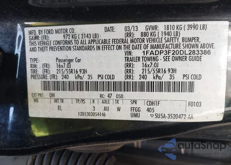 2013 Ford Focus Se из США, поврежденный, VIN 1FADP3F20DL283386